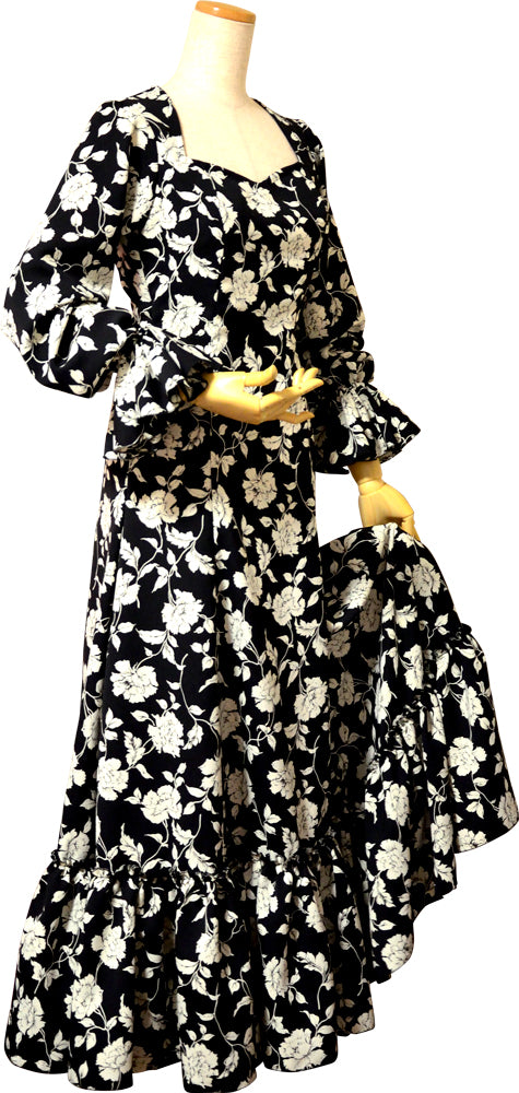 モノフラワー シニョーラ フラメンコ モノトーン 花柄 長袖 黒 ブラック ワンピース ANTONIA  プリント ロングスリーブ