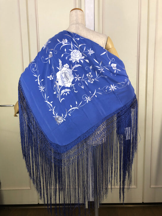 フラメンコ・マントン（ブルー） オーダーフラメンコ 衣装 手刺繍 シルク マントン ブルー刺繍