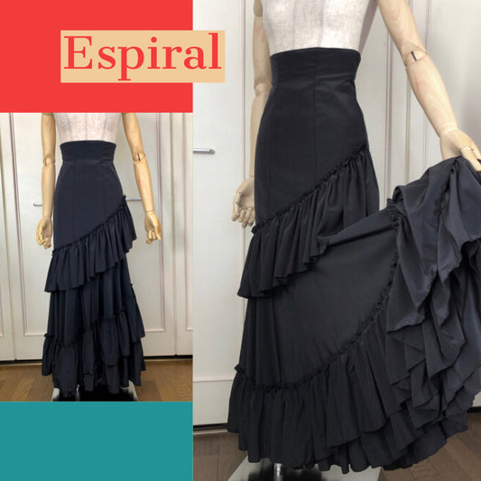 オリジナル フラメンコ スカート 黒！ ハイウエスト 巻きフリル ファルダ Espiral