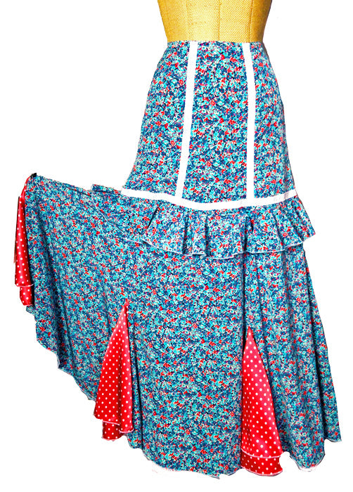 ブルー小花＋水玉マチ入り・スカート 縫い付けペチコート付