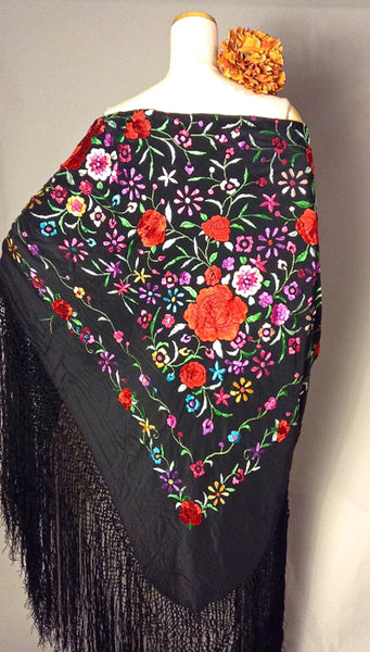 フラメンコ 衣装from spain!手刺繍シルクマントン ブラックx多色刺繍