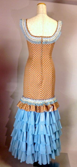 スペイン製 フラメンコ衣装 ロングドレス ドット ネイビーブルー RONEY-