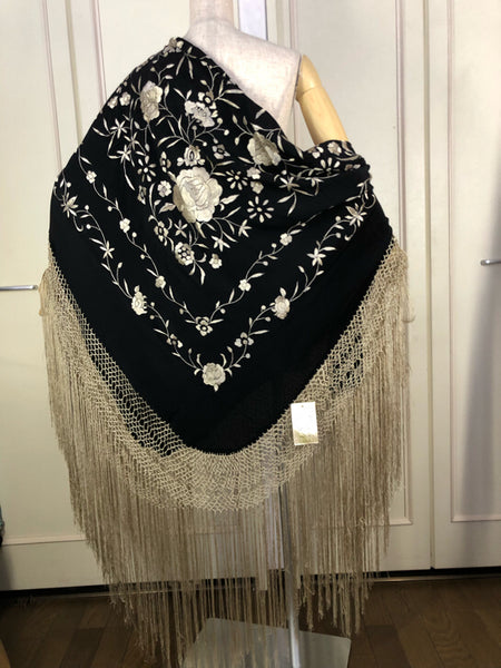 オーダーフラメンコ 衣装 手刺繍 シルク マントン ブラックx