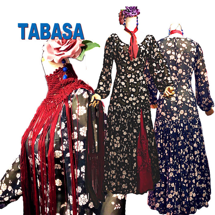 1点ものオリジナル フラメンコ衣装モノトーン シフォン フラワー 長袖 フラメンコ ワンピース tabasa bo189 黒